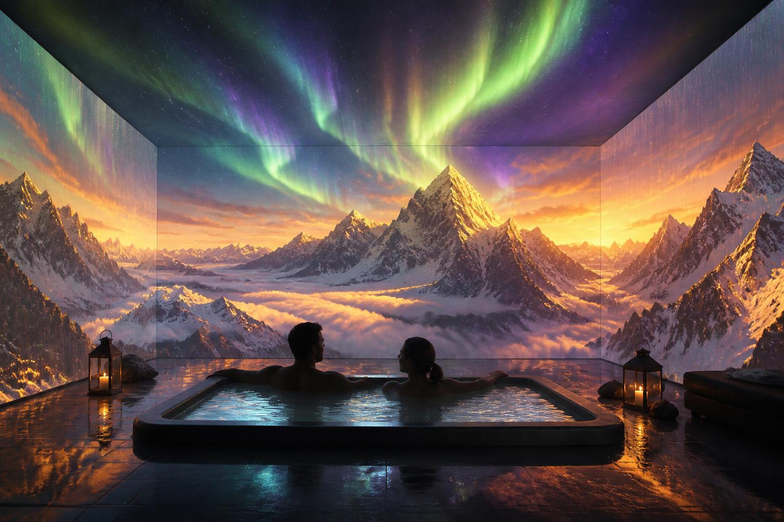 Immersive water theatre with projection-mapped alpine mountains, aurora skies and a deep soaking tub at its centre