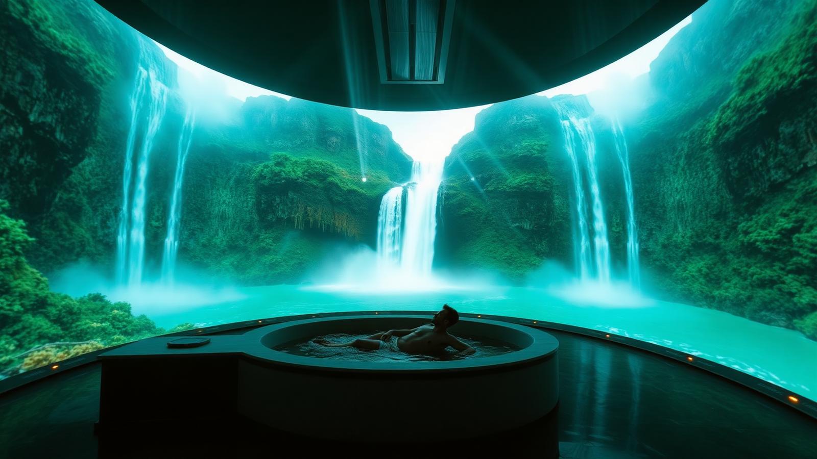 Inside the Deep Escape immersive water theatre — projection mapped landscapes surround the tub